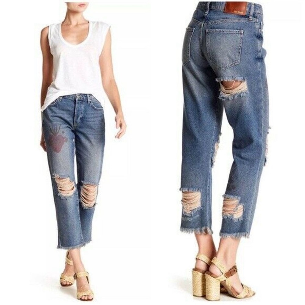 FREE PEOPLE Tattooed Distressed Ripped Denim Boyfriend Jeans 29